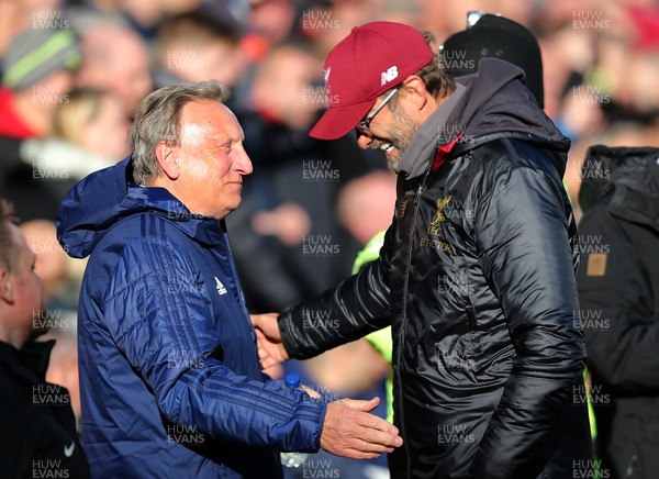 271018 - Liverpool v Cardiff - Premier League -  Liverpools manager Jurgen Klopp greets Manager Neil Warnock of Cardiff before the game
