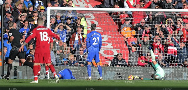 271018 - Liverpool v Cardiff - Premier League -  Mohamed Salah of Liverpool scores but Goalkeeper Neil Etheridge of Cardiff lands on his back
