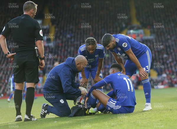 271018 - Liverpool v Cardiff - Premier League -  Josh Murphy of Cardiff receives treatment on the pitch in the 2nd half