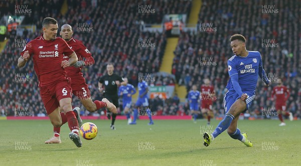 271018 - Liverpool v Cardiff - Premier League -  Josh Murphy of Cardiff puts the ball past Dejan Lovren of Liverpool