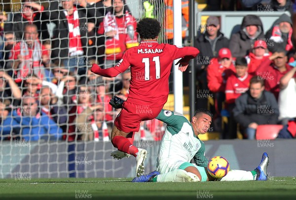 271018 - Liverpool v Cardiff - Premier League -  Goalkeeper Neil Etheridge of Cardiff saves from Mohamed Salah of Liverpool in the 1st half