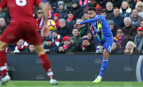 271018 - Liverpool v Cardiff - Premier League -  Josh Murphy of Cardiff beats Georginio Wijnaldum of Liverpool to the ball and crosses to goalmouth