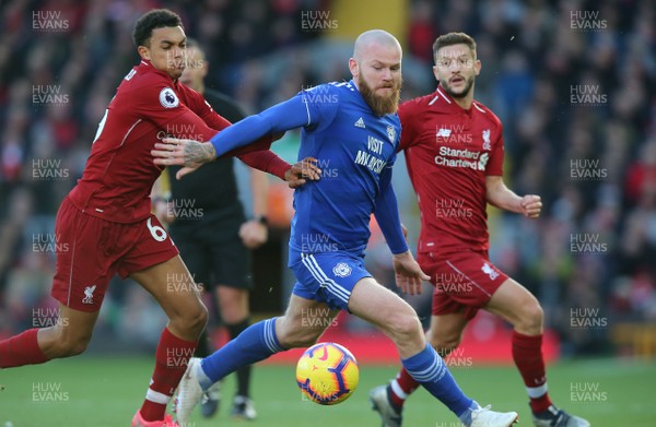271018 - Liverpool v Cardiff - Premier League -  Aron Gunnaesson of Cardiff beats Trent Alexander-Arnold of Liverpool to the ball
