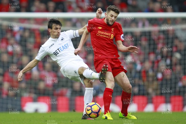 210117 - Liverpool v Swansea City, Premier League - Jack Cork of Swansea City (left) and Adam Lallana of Liverpool battle for the ball by Ian Smith/Huw Evans Agency