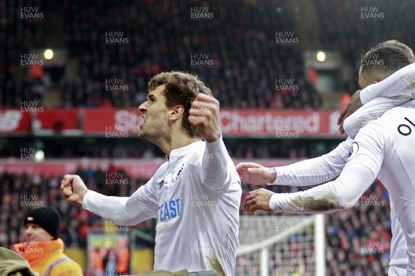 210117 - Liverpool v Swansea City, Premier League - Fernando Llorente of Swansea City (left) celebrates scoring his side's second goal by Ian Smith/Huw Evans Agency