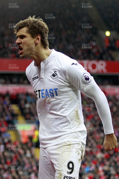 210117 - Liverpool v Swansea City, Premier League - Fernando Llorente of Swansea City celebrates scoring his side's second goal by Ian Smith/Huw Evans Agency