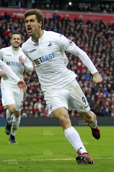 210117 - Liverpool v Swansea City, Premier League - Fernando Llorente of Swansea City (centre) celebrates scoring his side's second goal by Ian Smith/Huw Evans Agency