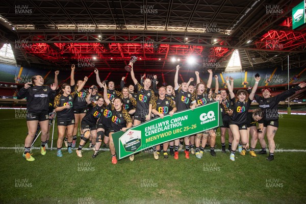 120426 - Llandaff North v Bonymaen - Womens Cup Final - Cerys Sweetman lifts the trophy alongside team mates