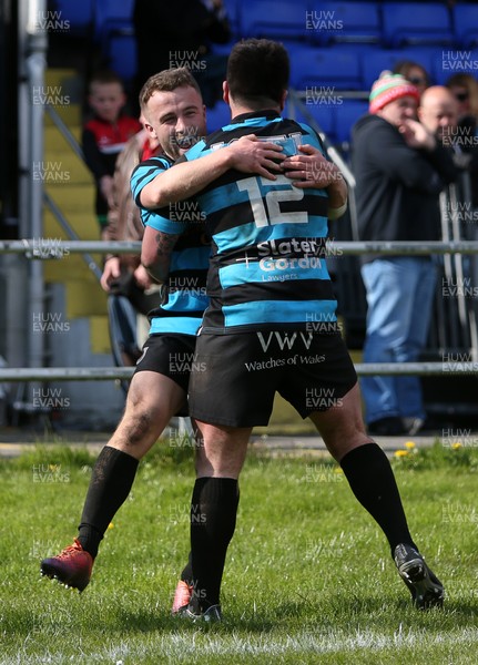 060419 - Llandovery RFC v Cardiff RFC - WRU National Cup Semi Final - Gareth Thompson of Cardiff celebrates scoring a try with Will Rees-Hole