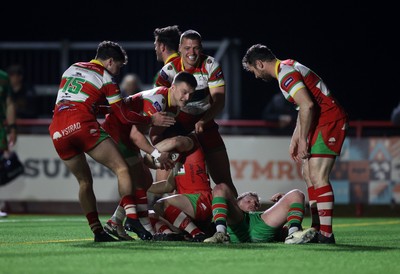 200325 - Llandovery RFC v Ebbw Vale - Super Rygbi Cymru Final - Lee Rees of Llandovery celebrates scoring a try with team mates