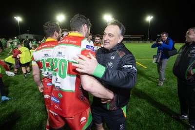 200325 - Llandovery RFC v Ebbw Vale - Super Rygbi Cymru Final - Llandovery RFC Head Coach Euros Evans celebrates with Jordan Evans at full time