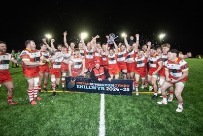 200325 - Llandovery RFC v Ebbw Vale - Super Rygbi Cymru Final - Captain Lee Rees and Llandovery team mates lift the trophy