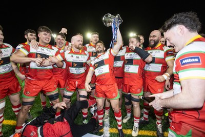 200325 - Llandovery RFC v Ebbw Vale - Super Rygbi Cymru Final - Captain Lee Rees and Llandovery team mates lift the trophy