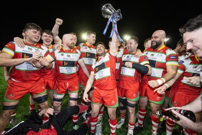 200325 - Llandovery RFC v Ebbw Vale - Super Rygbi Cymru Final - Captain Lee Rees and Llandovery team mates lift the trophy