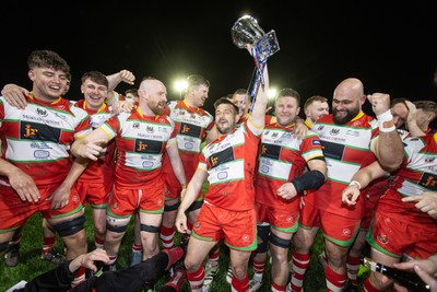 200325 - Llandovery RFC v Ebbw Vale - Super Rygbi Cymru Final - Captain Lee Rees and Llandovery team mates lift the trophy