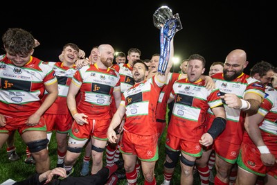 200325 - Llandovery RFC v Ebbw Vale - Super Rygbi Cymru Final - Captain Lee Rees and Llandovery team mates lift the trophy