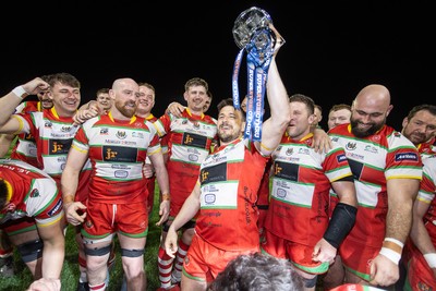 200325 - Llandovery RFC v Ebbw Vale - Super Rygbi Cymru Final - Captain Lee Rees and Llandovery team mates lift the trophy