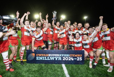 200325 - Llandovery RFC v Ebbw Vale - Super Rygbi Cymru Final - Captain Lee Rees and Llandovery team mates lift the trophy