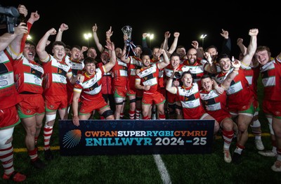 200325 - Llandovery RFC v Ebbw Vale - Super Rygbi Cymru Final - Captain Lee Rees and Llandovery team mates lift the trophy