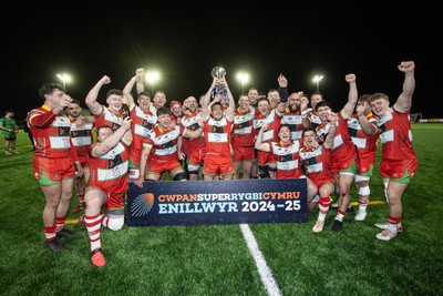 200325 - Llandovery RFC v Ebbw Vale - Super Rygbi Cymru Final - Captain Lee Rees and Llandovery team mates lift the trophy