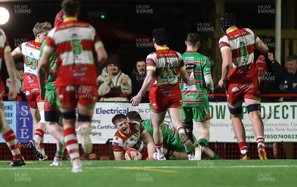 200325 - Llandovery RFC v Ebbw Vale - Super Rygbi Cymru Final - Osian Davies of Llandovery celebrates scoring a try