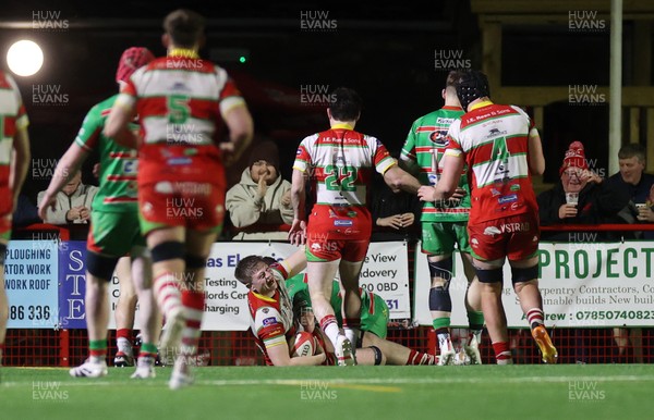 200325 - Llandovery RFC v Ebbw Vale - Super Rygbi Cymru Final - Osian Davies of Llandovery celebrates scoring a try