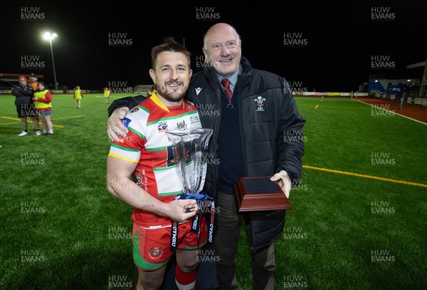 200325 - Llandovery RFC v Ebbw Vale - Super Rygbi Cymru Final - Lee Rees of Llandovery is presented the trophy by WRU President Terry Cobner