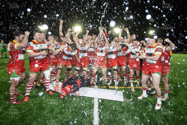 200325 - Llandovery RFC v Ebbw Vale - Super Rygbi Cymru Final - Captain Lee Rees and Llandovery team mates lift the trophy