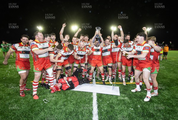 200325 - Llandovery RFC v Ebbw Vale - Super Rygbi Cymru Final - Captain Lee Rees and Llandovery team mates lift the trophy