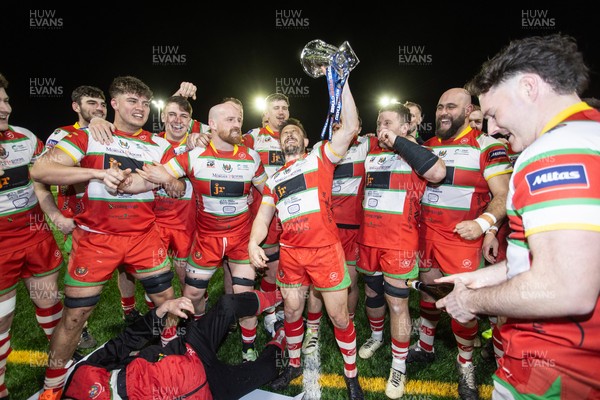 200325 - Llandovery RFC v Ebbw Vale - Super Rygbi Cymru Final - Captain Lee Rees and Llandovery team mates lift the trophy