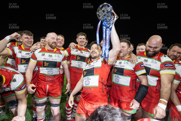 200325 - Llandovery RFC v Ebbw Vale - Super Rygbi Cymru Final - Captain Lee Rees and Llandovery team mates lift the trophy