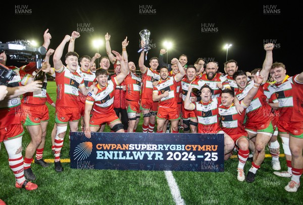 200325 - Llandovery RFC v Ebbw Vale - Super Rygbi Cymru Final - Captain Lee Rees and Llandovery team mates lift the trophy