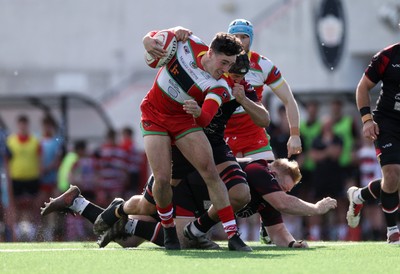 030525 - Llandovery RFC v Pontypool RFC - Super Rygbi Cymru Quarter Final - Llien Morgan of Llandovery is tackled by Dan Hill of Pontypool 