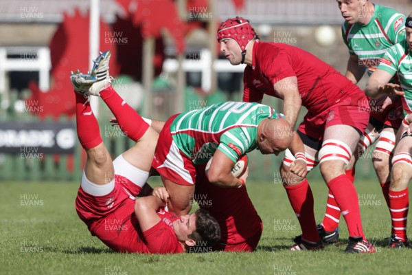 061012 - Llandovery v Llanelli - Welsh Premiership - Llandovery's Adam Yelland is tackled by the Llanelli defence