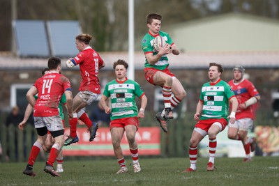 250323 - Llandovery v Llanelli - Indigo Group Premiership - Rhodri Wall of Llandovery takes a high ball