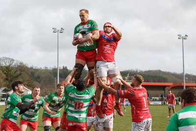 250323 - Llandovery v Llanelli - Indigo Group Premiership - Jack Jones of Llandovery wins a line out