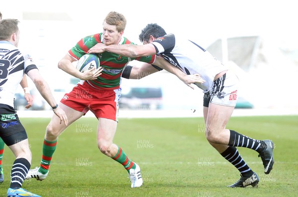 160416 Llandovery v PontypriddSSE Swalec Cup Semi Finals Aaron Warren tackled by Matthew Nutall of Pontypridd of Llandovery