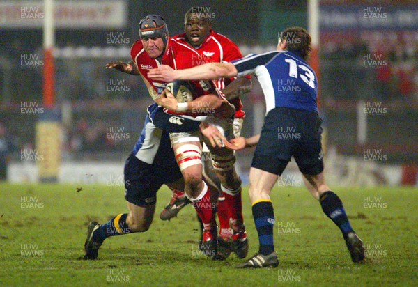 070106 - Llanelli Scarlets v Leinster - Celtic League -  Scarlets Hottie Louw takes on Gordon D'Arcy and Brian O'Driscoll