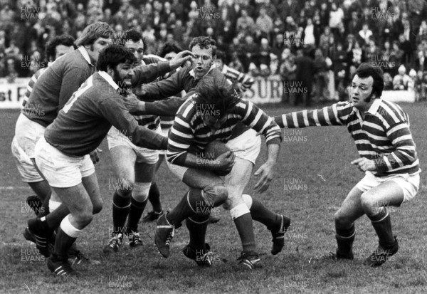 270376 - Llanelli v Ebbw Vale - Ebbw Vale's lock forward Bill Evans bursts through past Derek Quinnell and Thomas