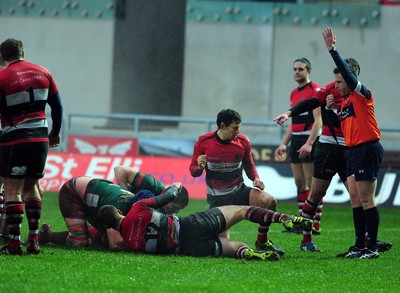 04.02.12. Llanelli RFC v Pontypool RFC, Principality Premiership..Llanelli's Joel Galley (hidden) scores..