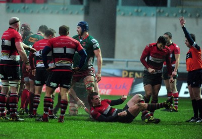 04.02.12. Llanelli RFC v Pontypool RFC, Principality Premiership..Llanelli's Joel Galley ( Blue head guard) after scoring a try..