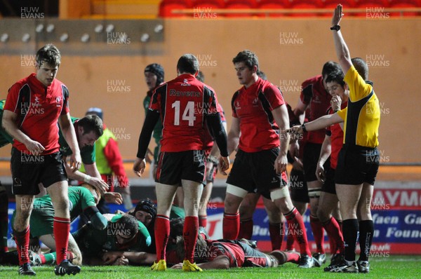 12.02.10 - British and Irish Cup rugby, Llanelli RFC v Ulster A Llanelli are awarded a try as Rhys Thomas grounds the ball 