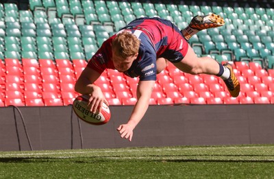 050425  Llanelli Wanderers v Tondu, WRU Championship Cup Final - Caine Woolerton of Tondu dives in to score try