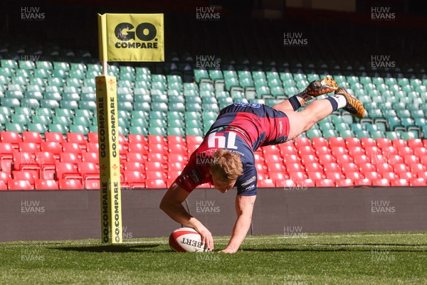 050425  Llanelli Wanderers v Tondu, WRU Championship Cup Final - Caine Woolerton of Tondu dives in to score try