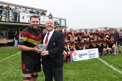 020526 - Llangadog v Cefneithin - Admiral National League 4 West B - Llangadog Captain Charles Handford receives the trophy from WRU Rep Kevin Lewis