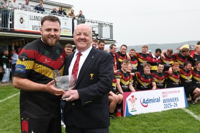 020526 - Llangadog v Cefneithin - Admiral National League 4 West B - Llangadog Captain Charles Handford receives the trophy from WRU Rep Kevin Lewis