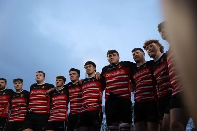 061225 - Llangennech v Brecon - WRU Premiership - Llangennech team huddle at full time