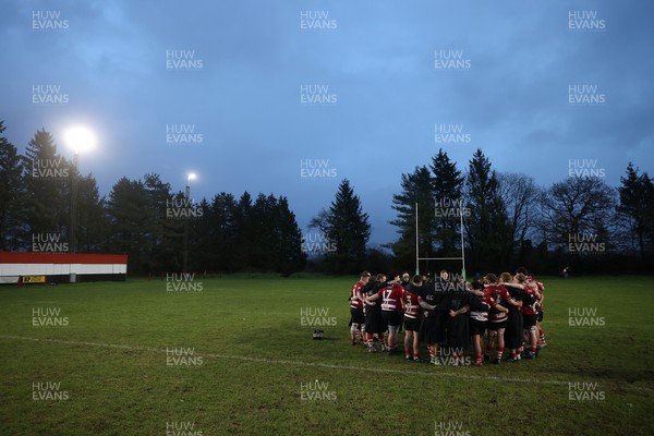 061225 - Llangennech v Brecon - WRU Premiership - Brecon team huddle at full time