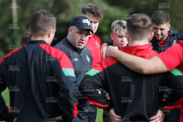 211023 - Llangennech v Dunvant - Admiral Welsh Championship West - Dunvant head coach Tom Cheeseman talks to his team before the match