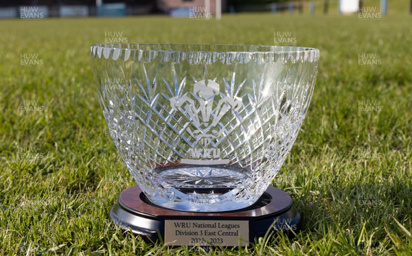200523 - Llanharan RFC League Presentation - Llanharan RFC vice captain Ieuan Bring receives the Admiral National League 3 East Central trophy from WRU Board Member Gwyn Bowden